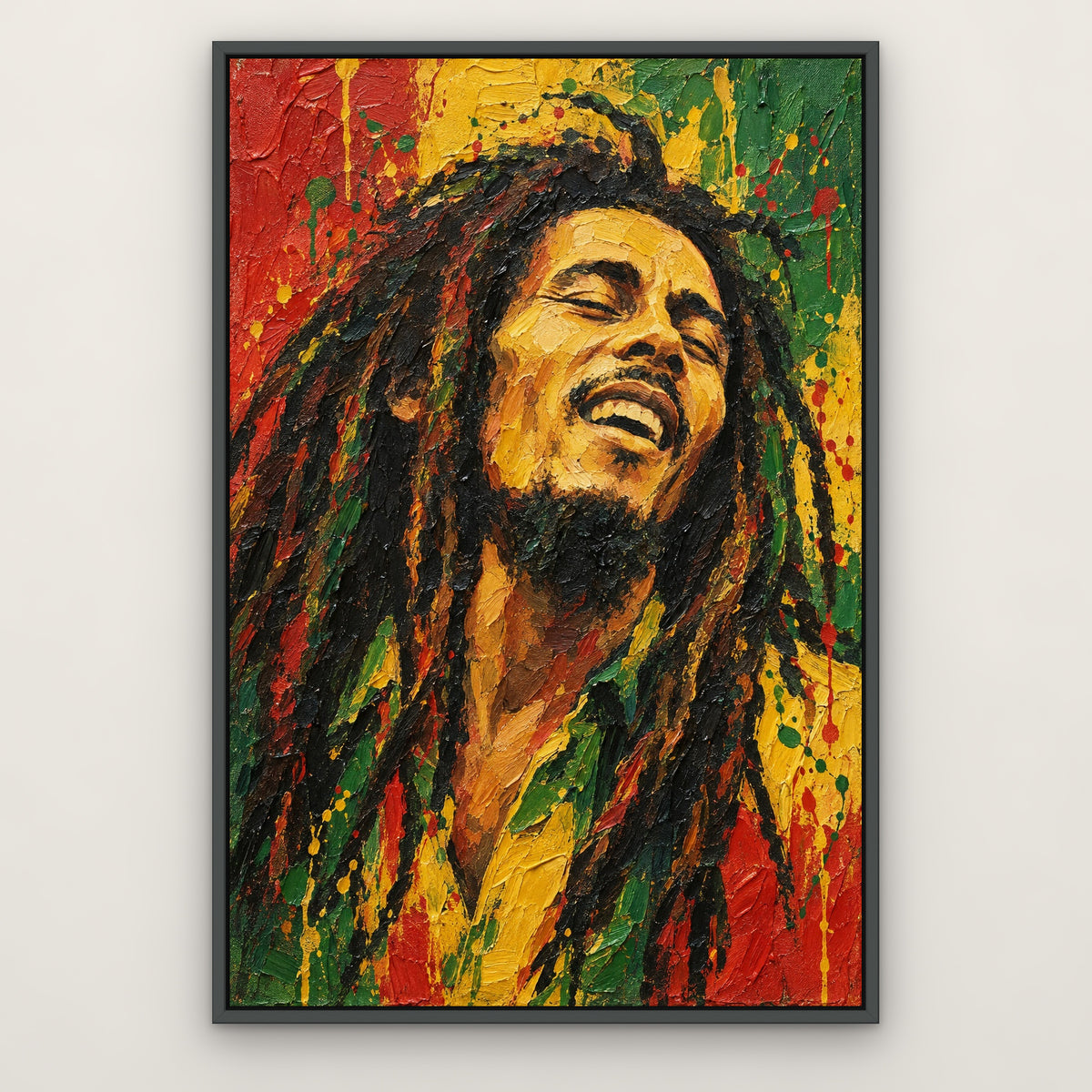 Bob Marley, green pop art hand-painted canvas wall art in a slim dark grey float frame – Gallery 23