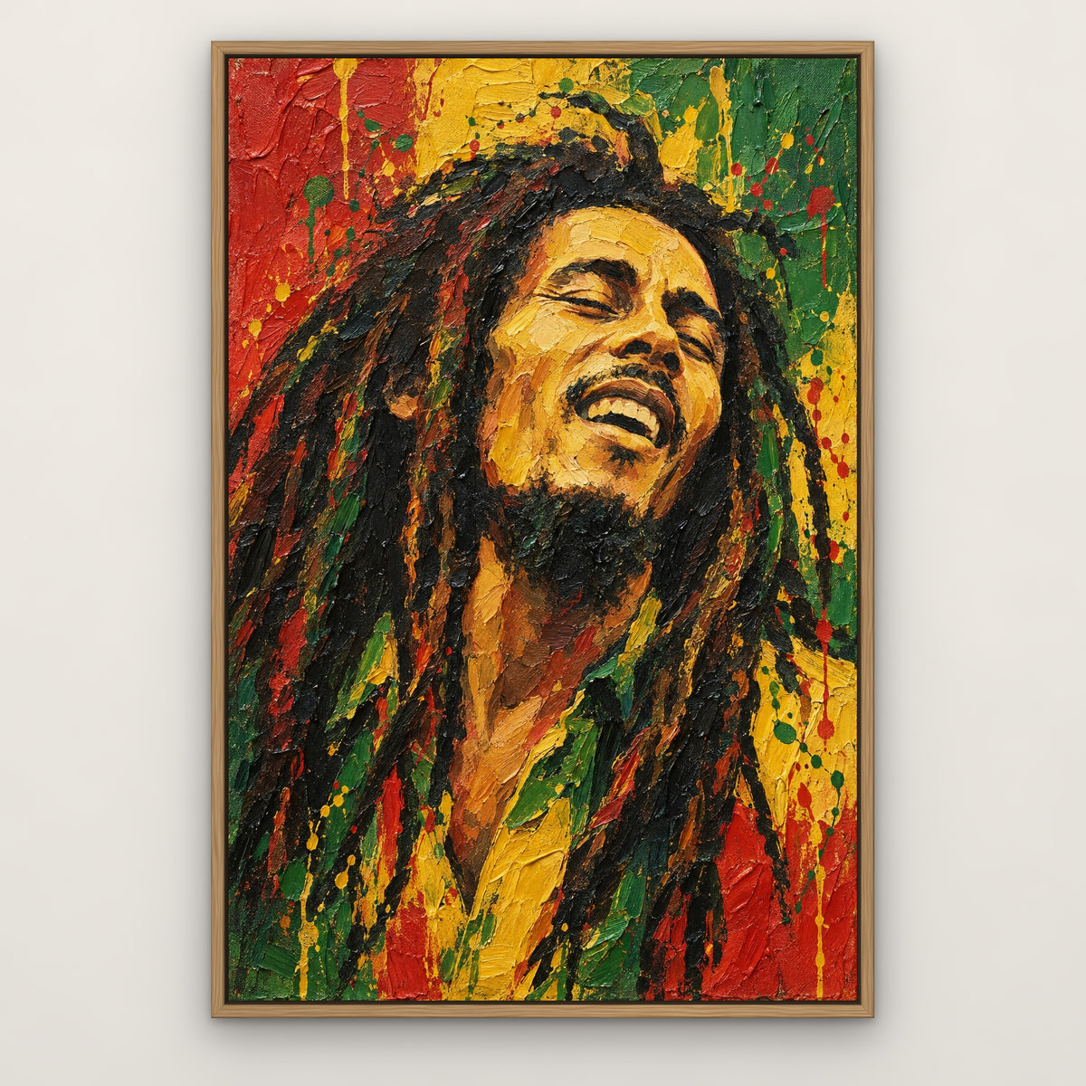 Bob Marley, green pop art hand-painted canvas wall art in a slim oak float frame – Gallery 23