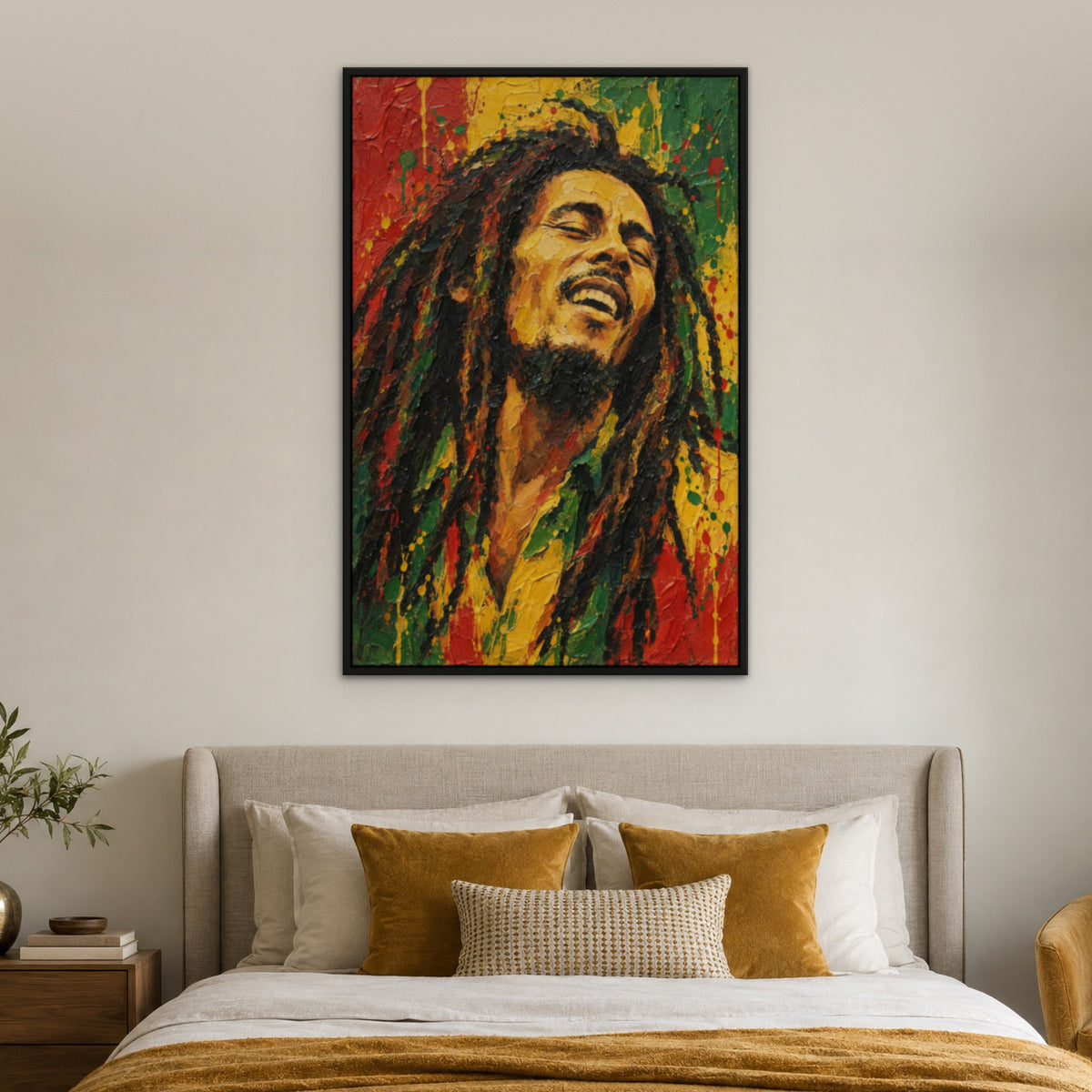 Bob Marley, green pop art hand-painted canvas wall art in a bedroom – Gallery 23