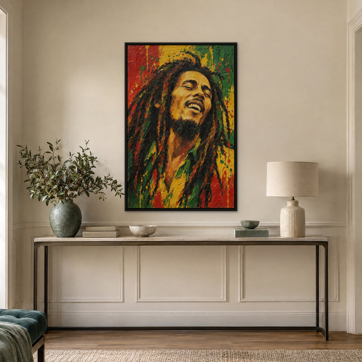 Bob Marley, green pop art hand-painted canvas wall art in a hallway – Gallery 23