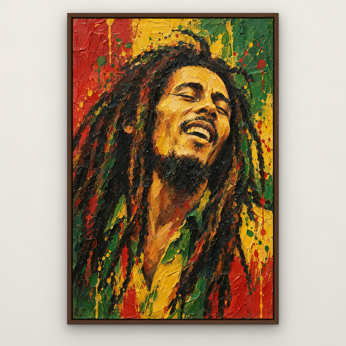 Bob Marley, green pop art hand-painted canvas wall art in a slim walnut float frame – Gallery 23