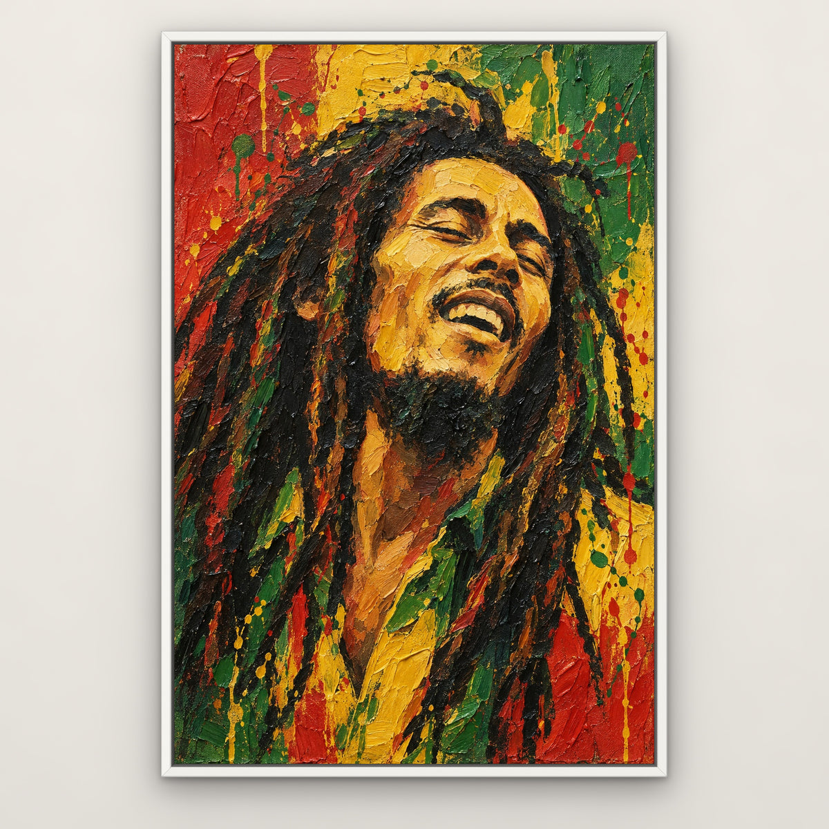 Bob Marley, green pop art hand-painted canvas wall art in a slim white float frame – Gallery 23