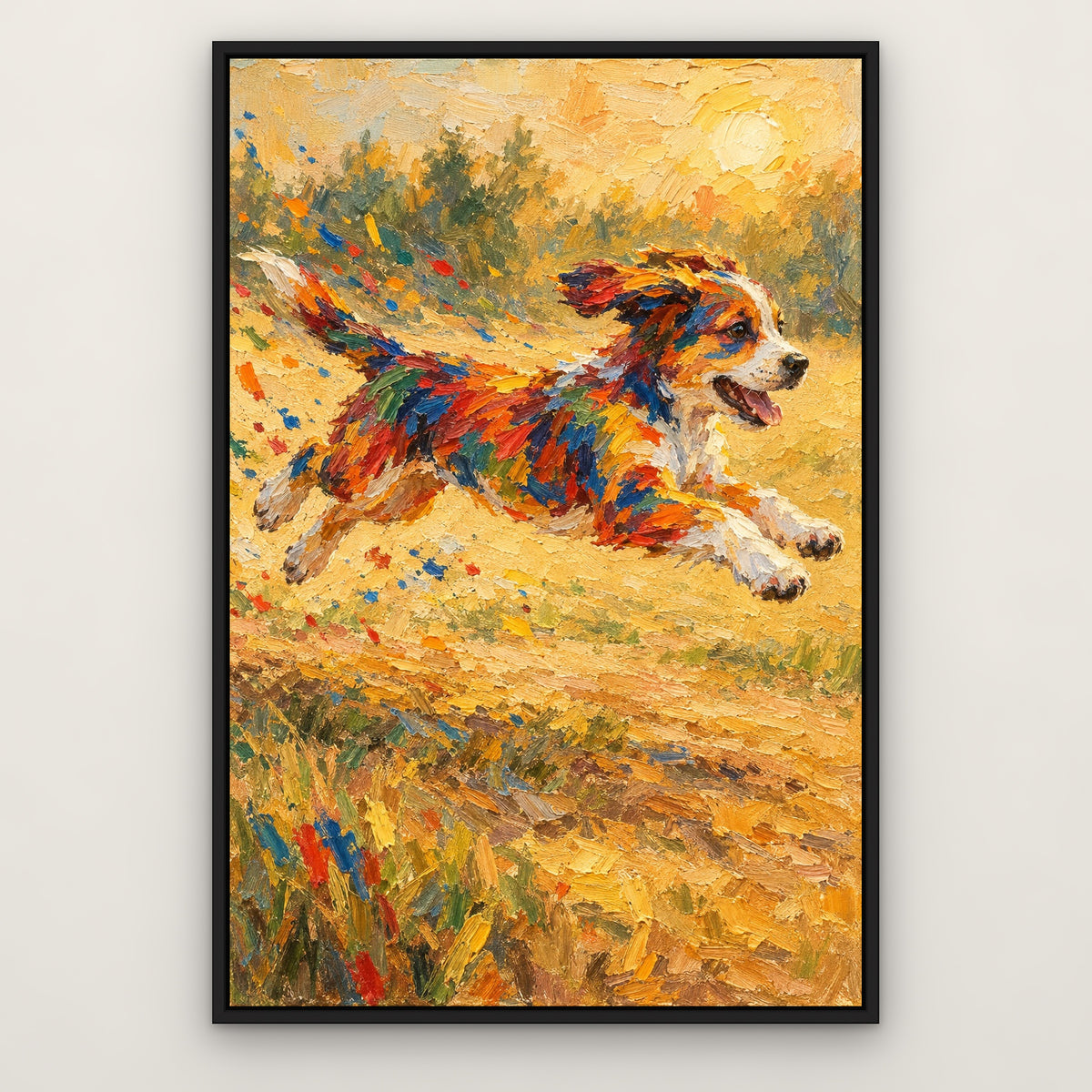 Paint-Splash Puppy, colourful animal hand-painted canvas wall art in a slim black float frame – Gallery 23