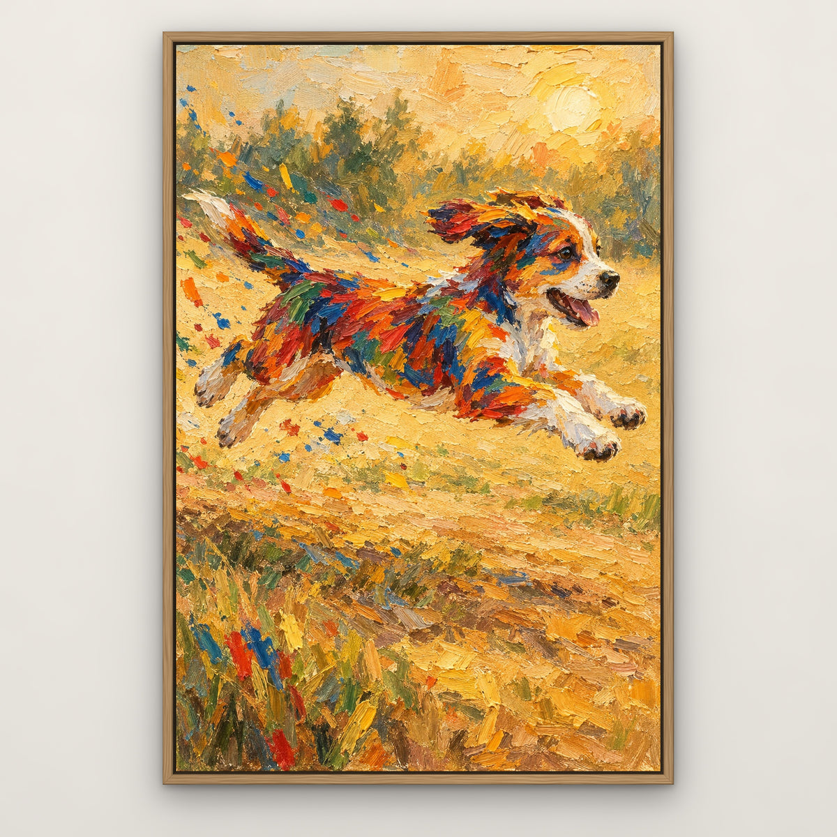 Paint-Splash Puppy, colourful animal hand-painted canvas wall art in a slim oak float frame – Gallery 23