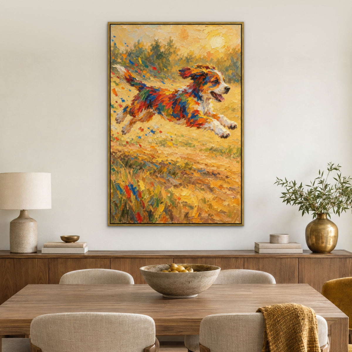 Paint-Splash Puppy, colourful animal hand-painted canvas wall art in a dining room – Gallery 23