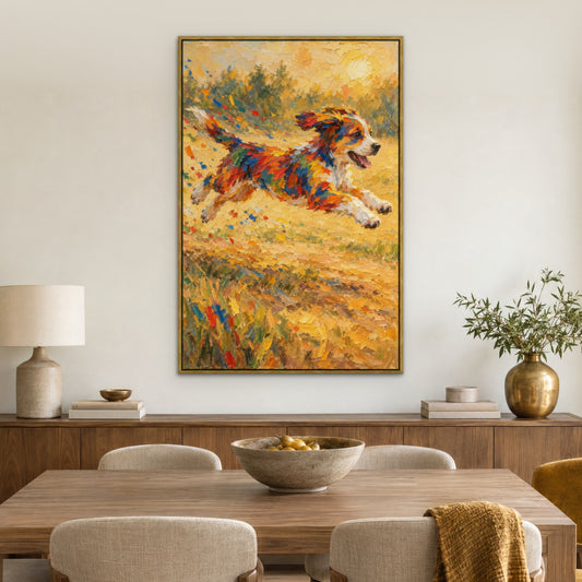 Paint-Splash Puppy, colourful animal hand-painted canvas wall art in a dining room – Gallery 23