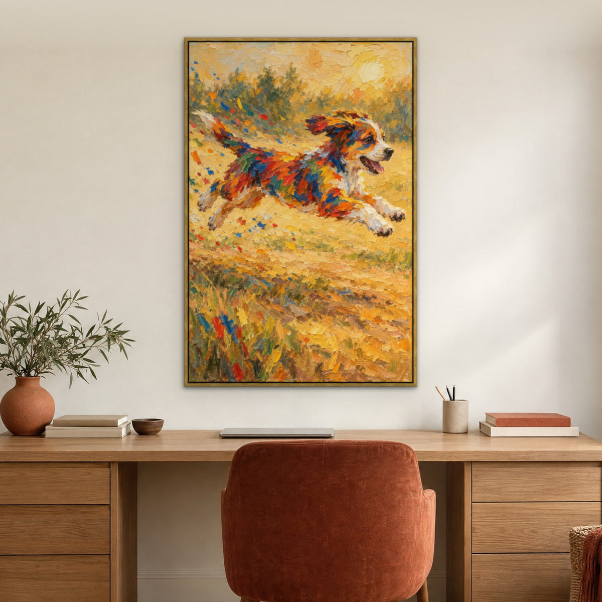 Paint-Splash Puppy, colourful animal hand-painted canvas wall art in a home office – Gallery 23