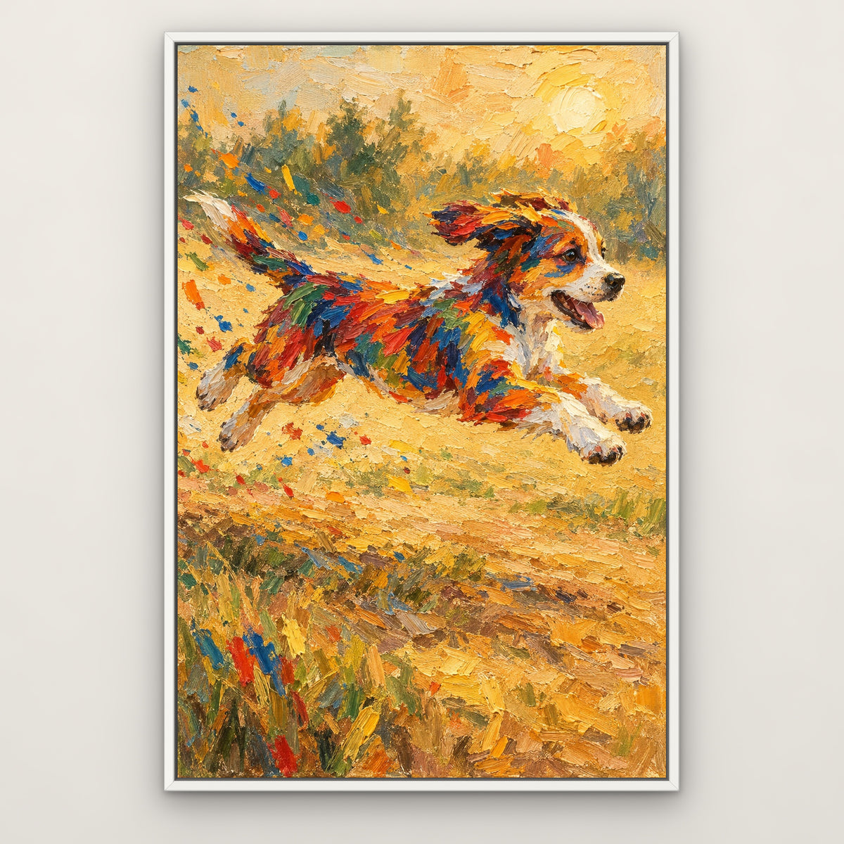 Paint-Splash Puppy, colourful animal hand-painted canvas wall art in a slim white float frame – Gallery 23