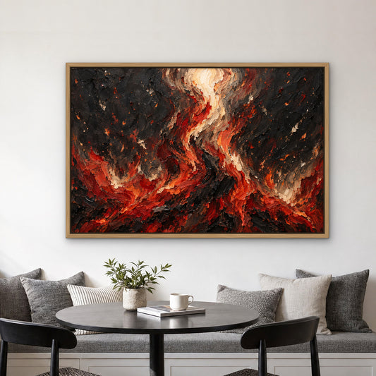 Ember Flicker, red abstract hand-painted canvas wall art in a kitchen nook – Gallery 23
