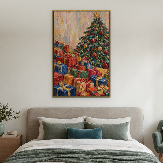 Gift-Laden Tree, teal still life hand-painted canvas wall art in a bedroom – Gallery 23