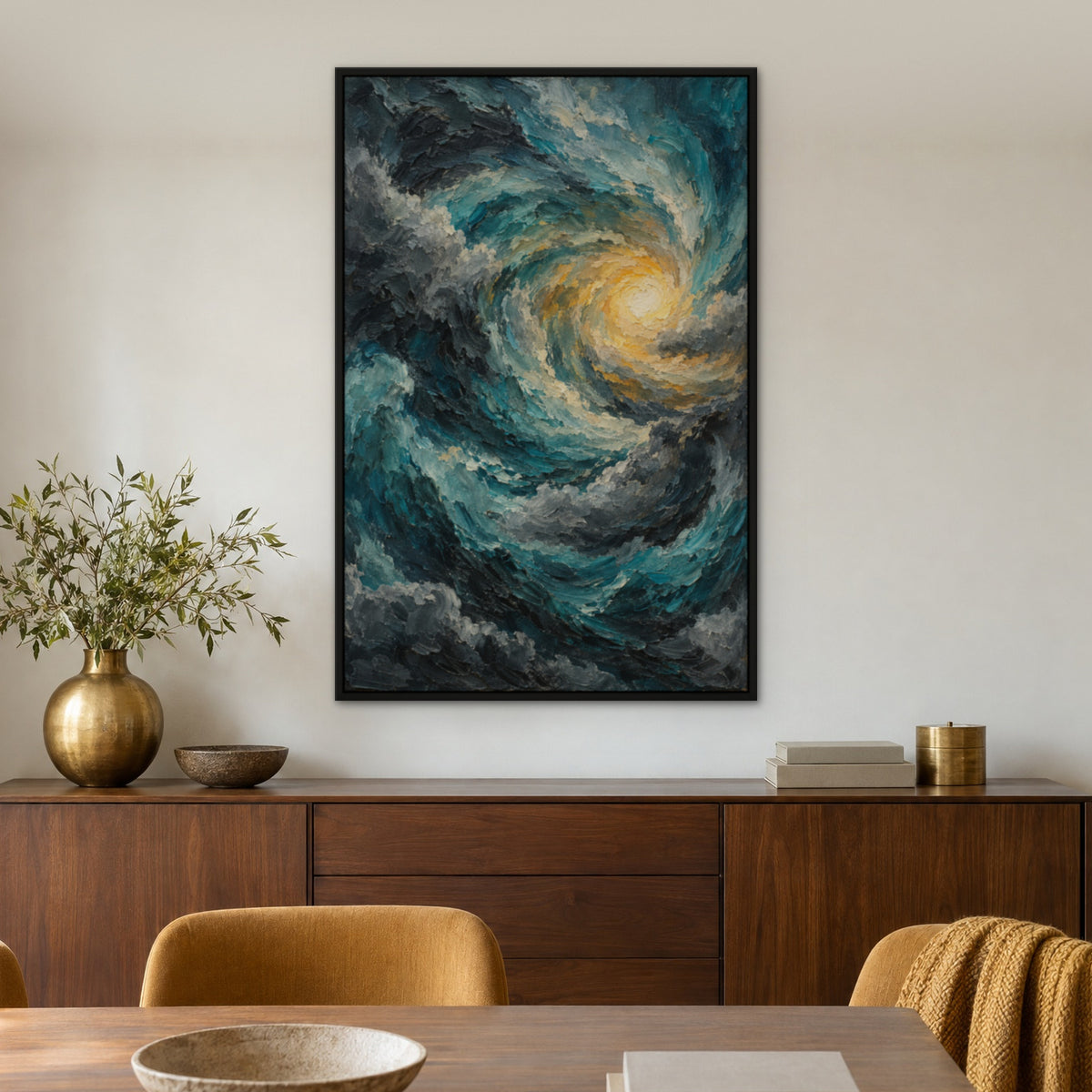 Turquoise Tempest, teal abstract hand-painted canvas wall art in a dining room – Gallery 23