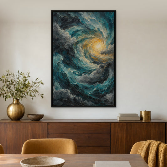 Turquoise Tempest, teal abstract hand-painted canvas wall art in a dining room – Gallery 23