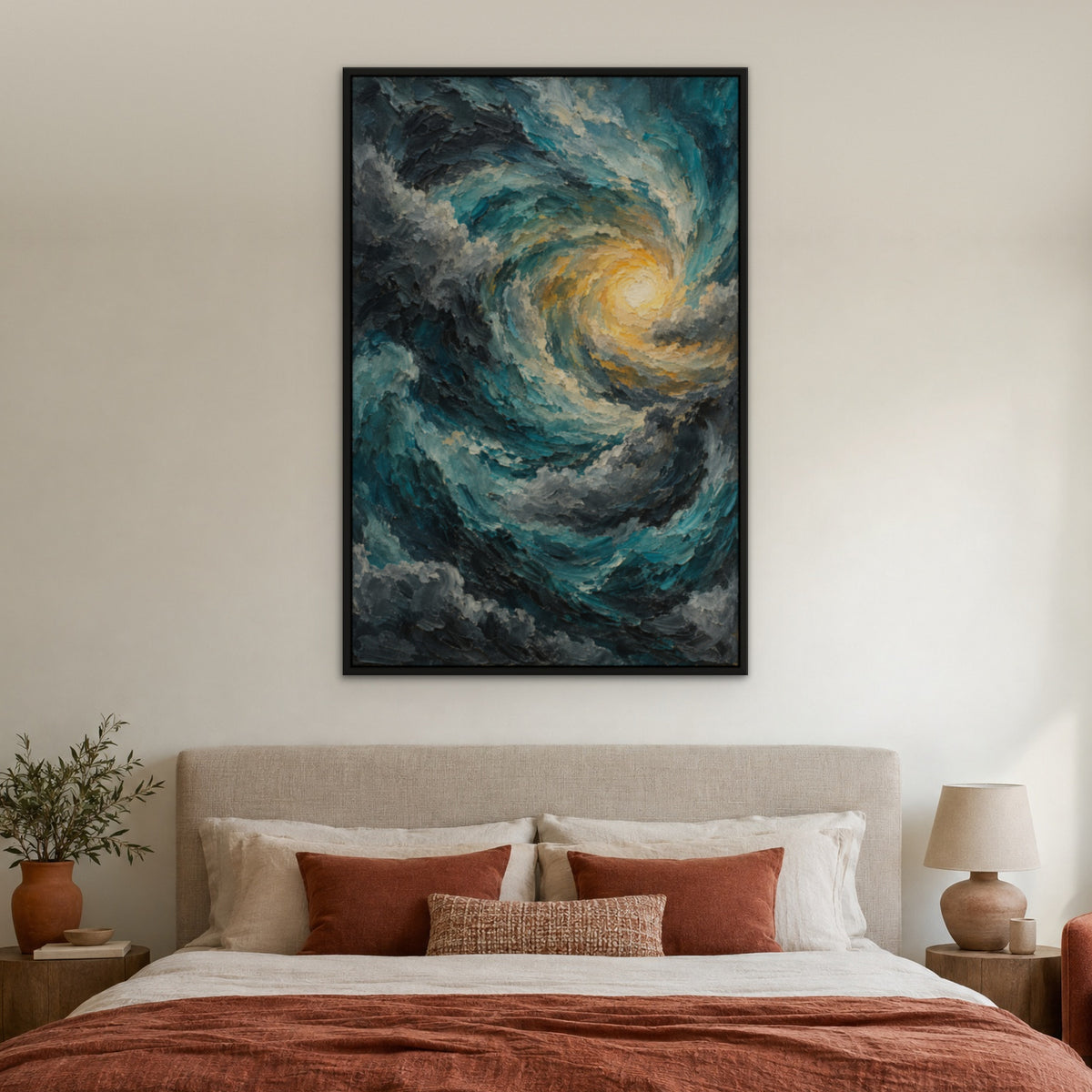 Turquoise Tempest, teal abstract hand-painted canvas wall art in a bedroom – Gallery 23