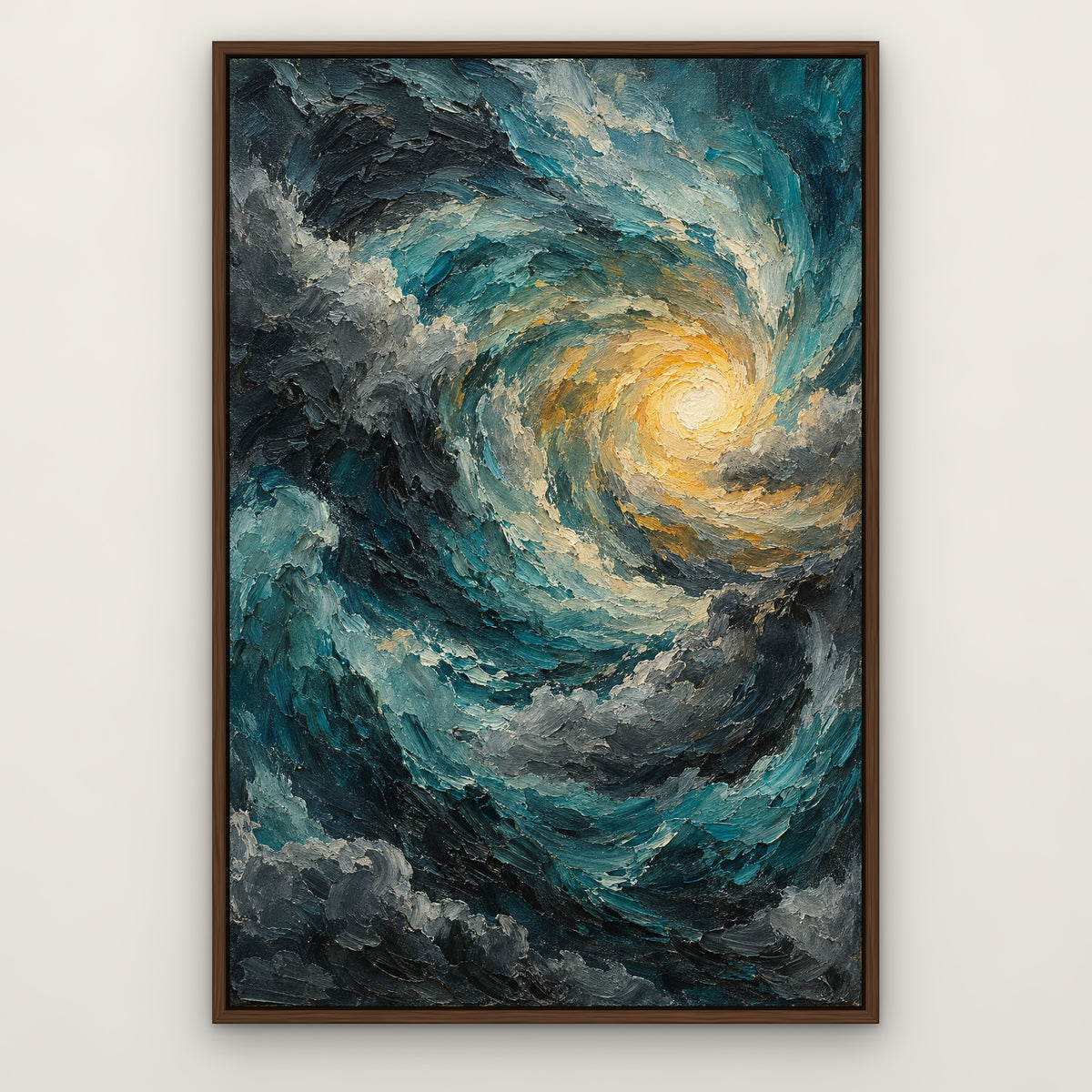 Turquoise Tempest, teal abstract hand-painted canvas wall art in a slim walnut float frame – Gallery 23