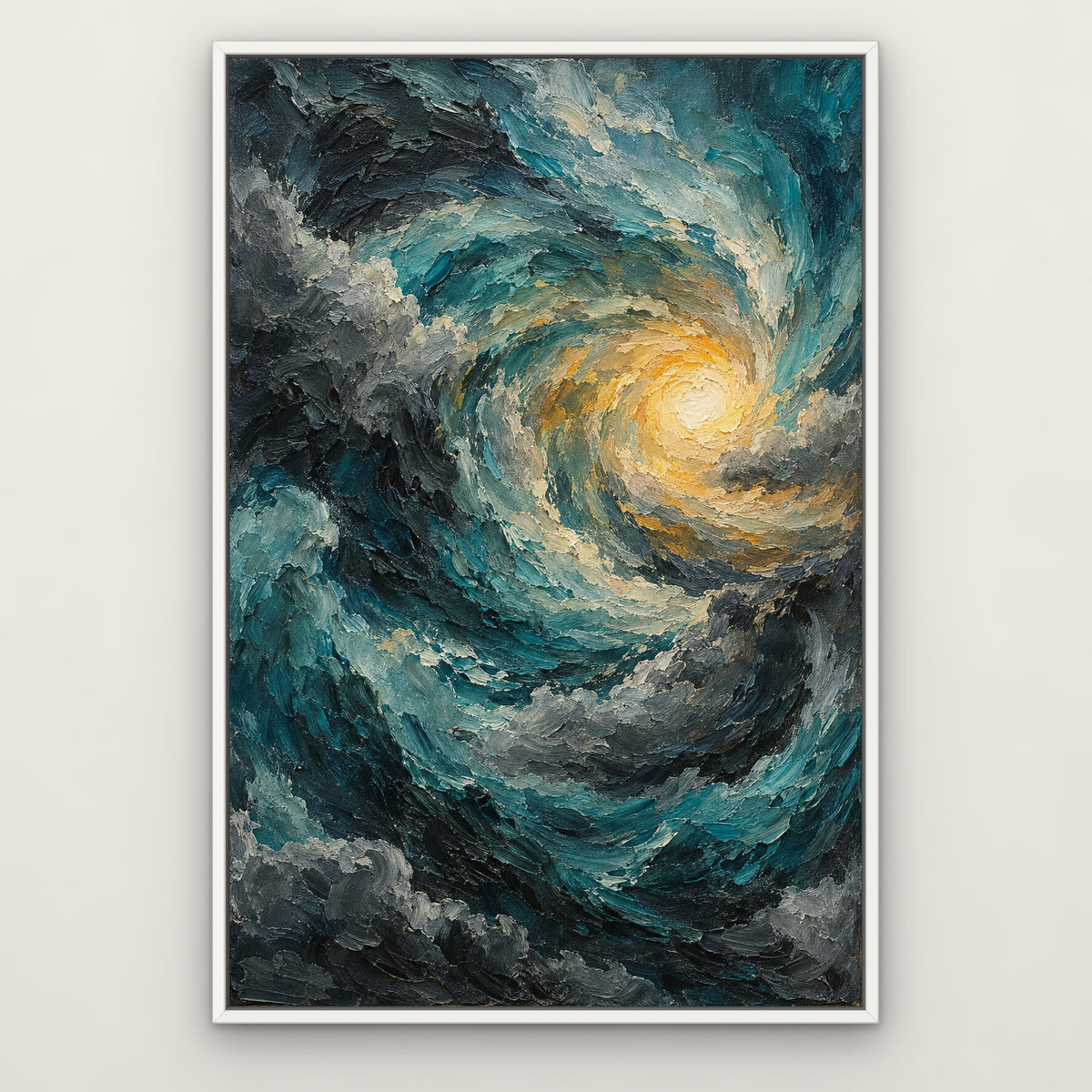 Turquoise Tempest, teal abstract hand-painted canvas wall art in a slim white float frame – Gallery 23