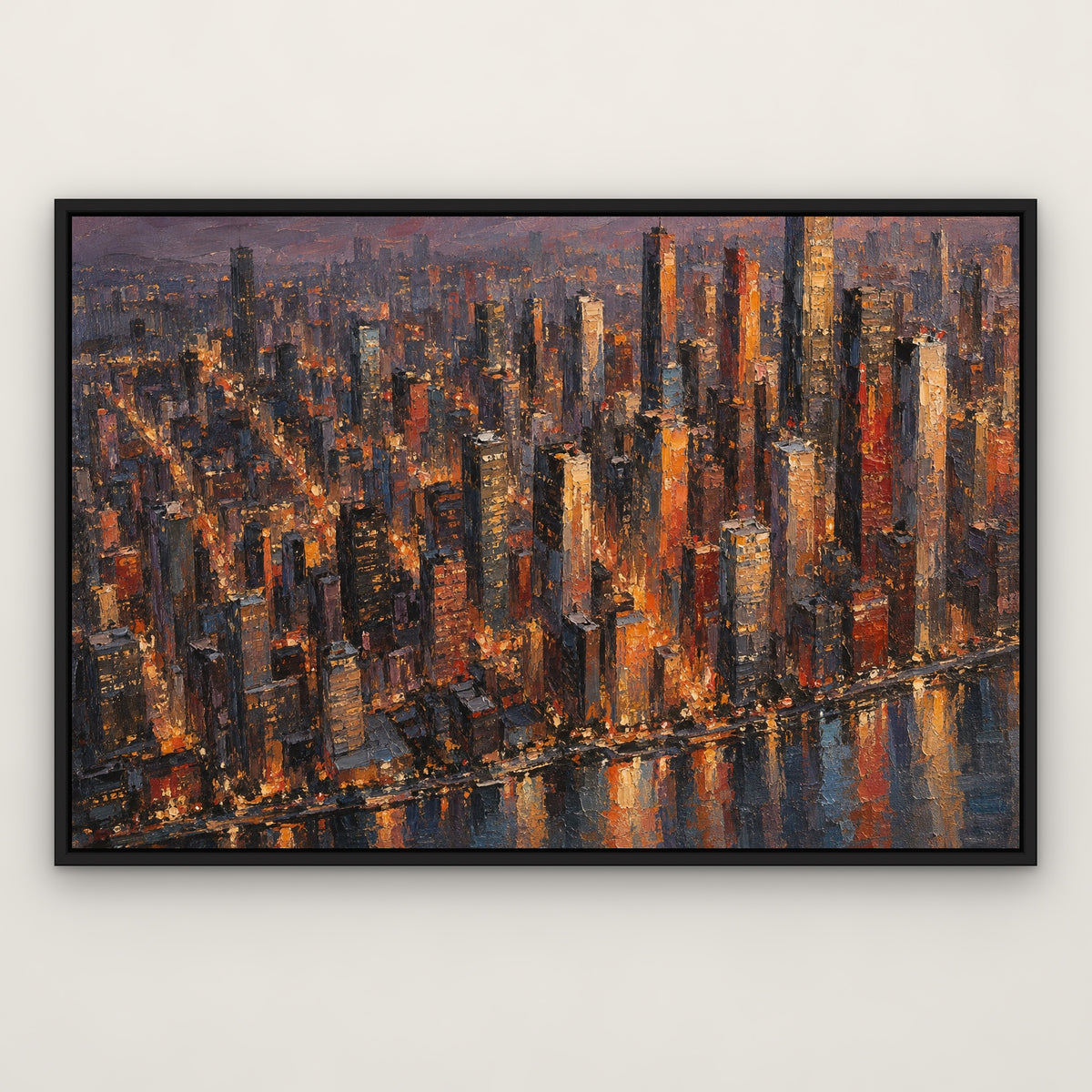 Ember Skyline Reflections, colourful abstract hand-painted canvas wall art in a slim black float frame – Gallery 23