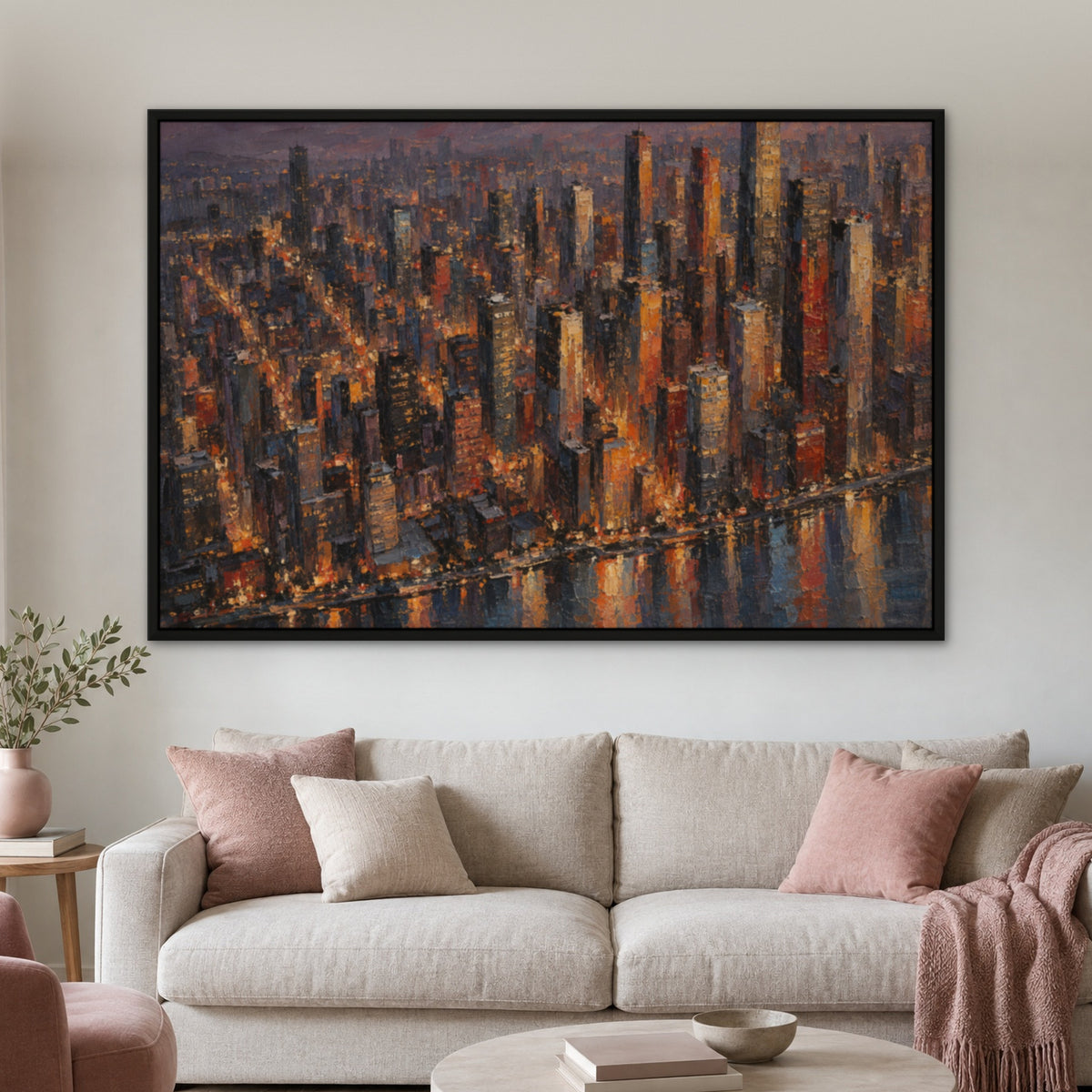 Ember Skyline Reflections, colourful abstract hand-painted canvas wall art in a living room – Gallery 23