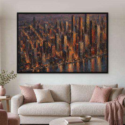 Ember Skyline Reflections, colourful abstract hand-painted canvas wall art in a living room – Gallery 23