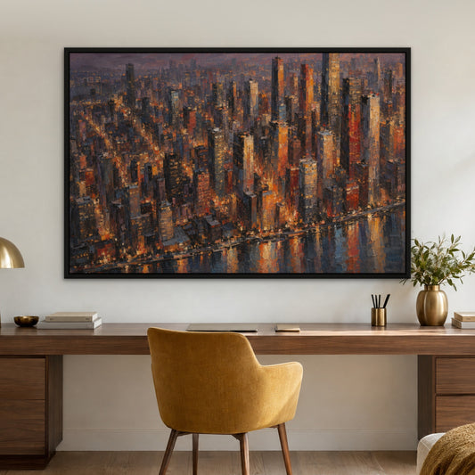 Ember Skyline Reflections, colourful abstract hand-painted canvas wall art in a home office – Gallery 23