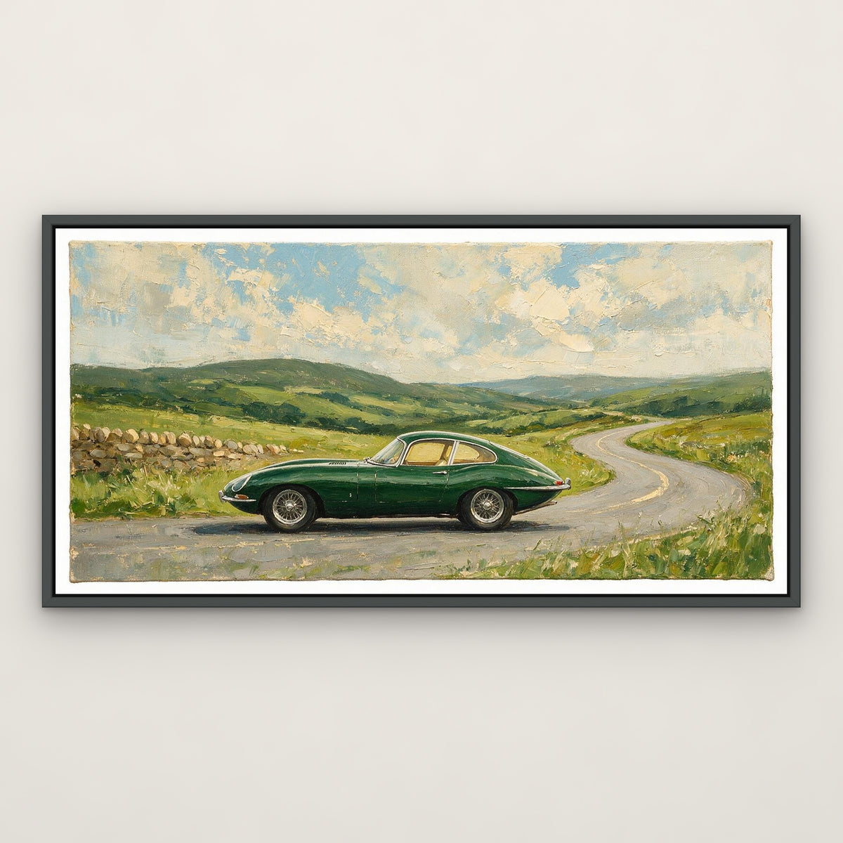 British Racing Green, grey hand-painted canvas wall art in a slim dark grey float frame – Gallery 23