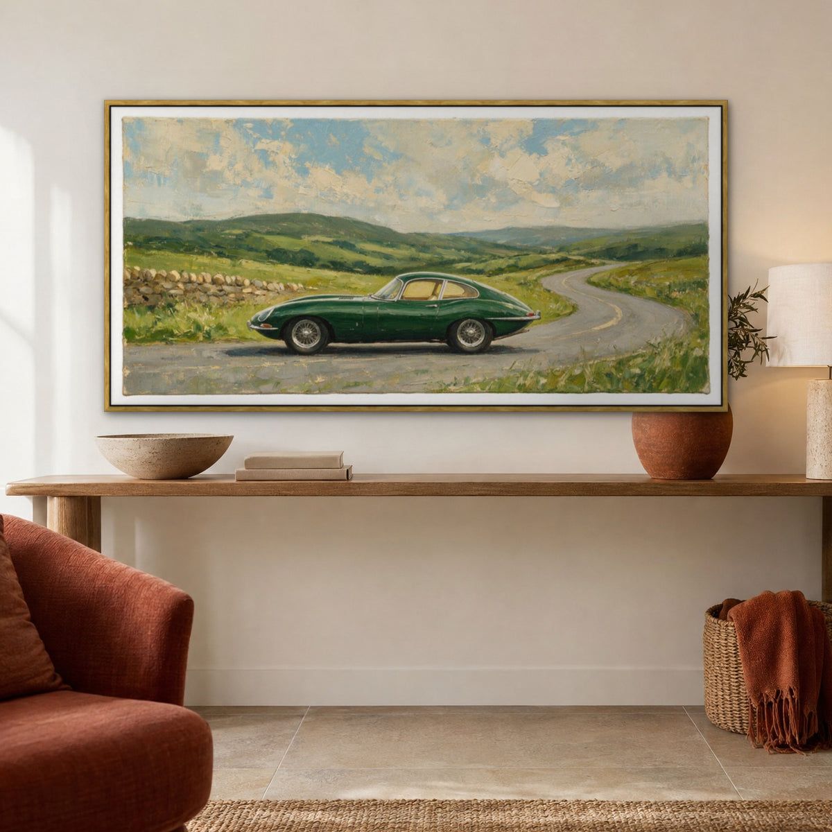 British Racing Green, grey hand-painted canvas wall art in a hallway – Gallery 23
