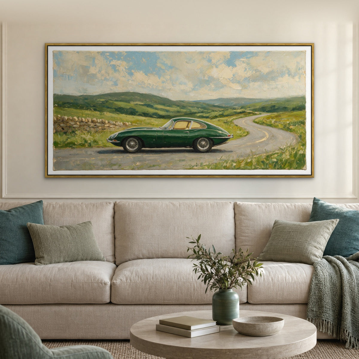 British Racing Green, grey hand-painted canvas wall art in a living room – Gallery 23