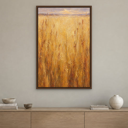 Saffron Haze, gold abstract hand-painted canvas wall art in a living room – Gallery 23