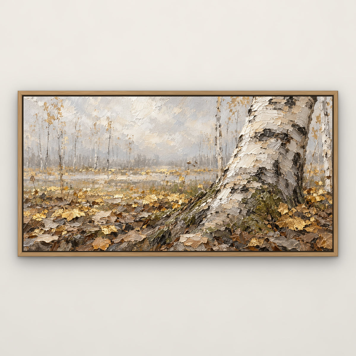 Birch Gold Shimmer, grey abstract hand-painted canvas wall art in a slim oak float frame – Gallery 23