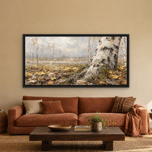 Birch Gold Shimmer, grey abstract hand-painted canvas wall art in a living room – Gallery 23