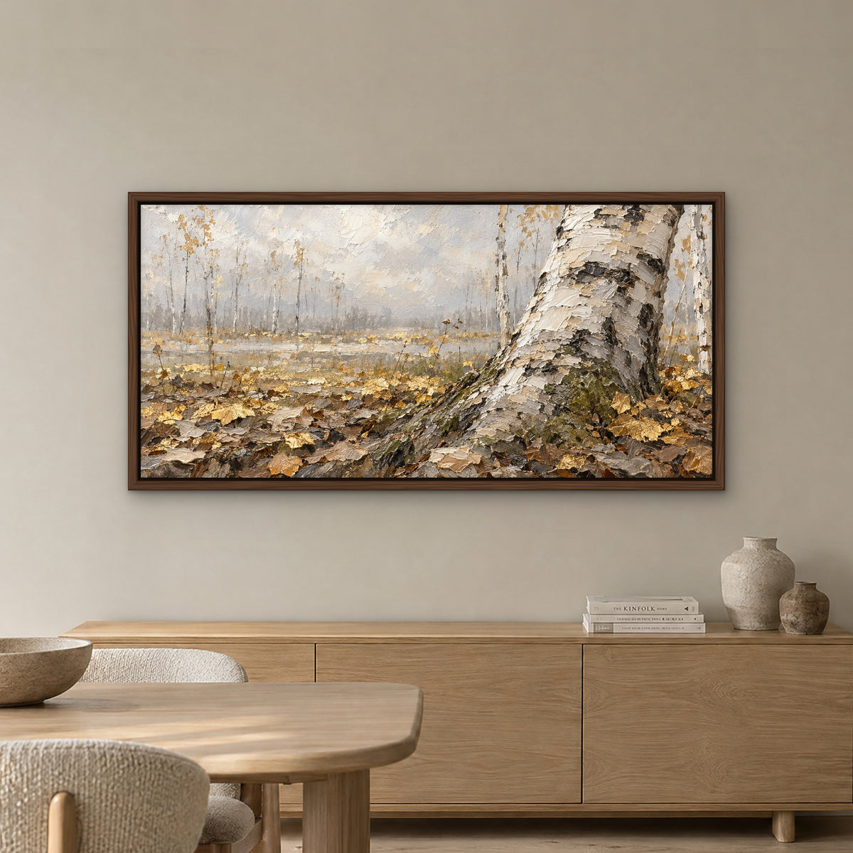 Birch Gold Shimmer, grey abstract hand-painted canvas wall art in a dining room – Gallery 23