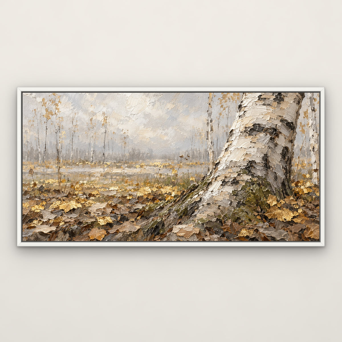 Birch Gold Shimmer, grey abstract hand-painted canvas wall art in a slim white float frame – Gallery 23
