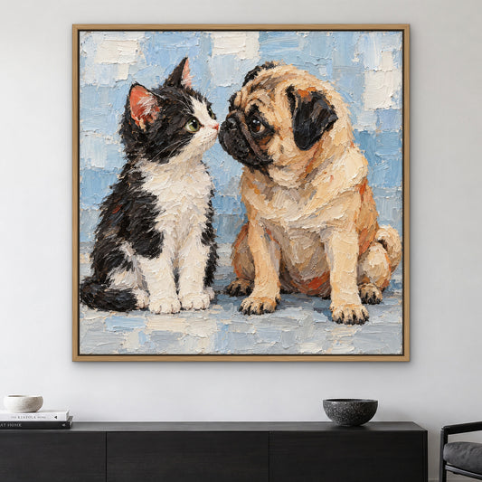 Cat and Pug Pals, colourful pop art hand-painted canvas wall art in a living room – Gallery 23