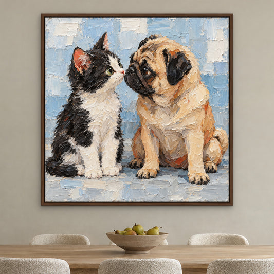 Cat and Pug Pals, colourful pop art hand-painted canvas wall art in a dining room – Gallery 23