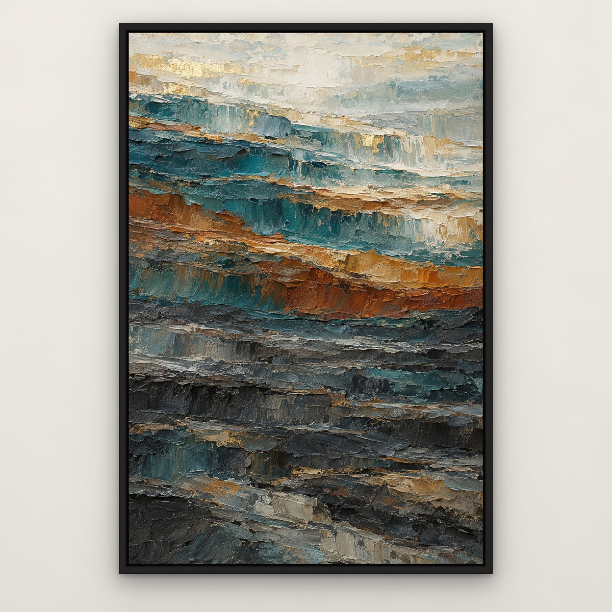 Teal Ochre Cascade, orange abstract hand-painted canvas wall art in a slim black float frame – Gallery 23