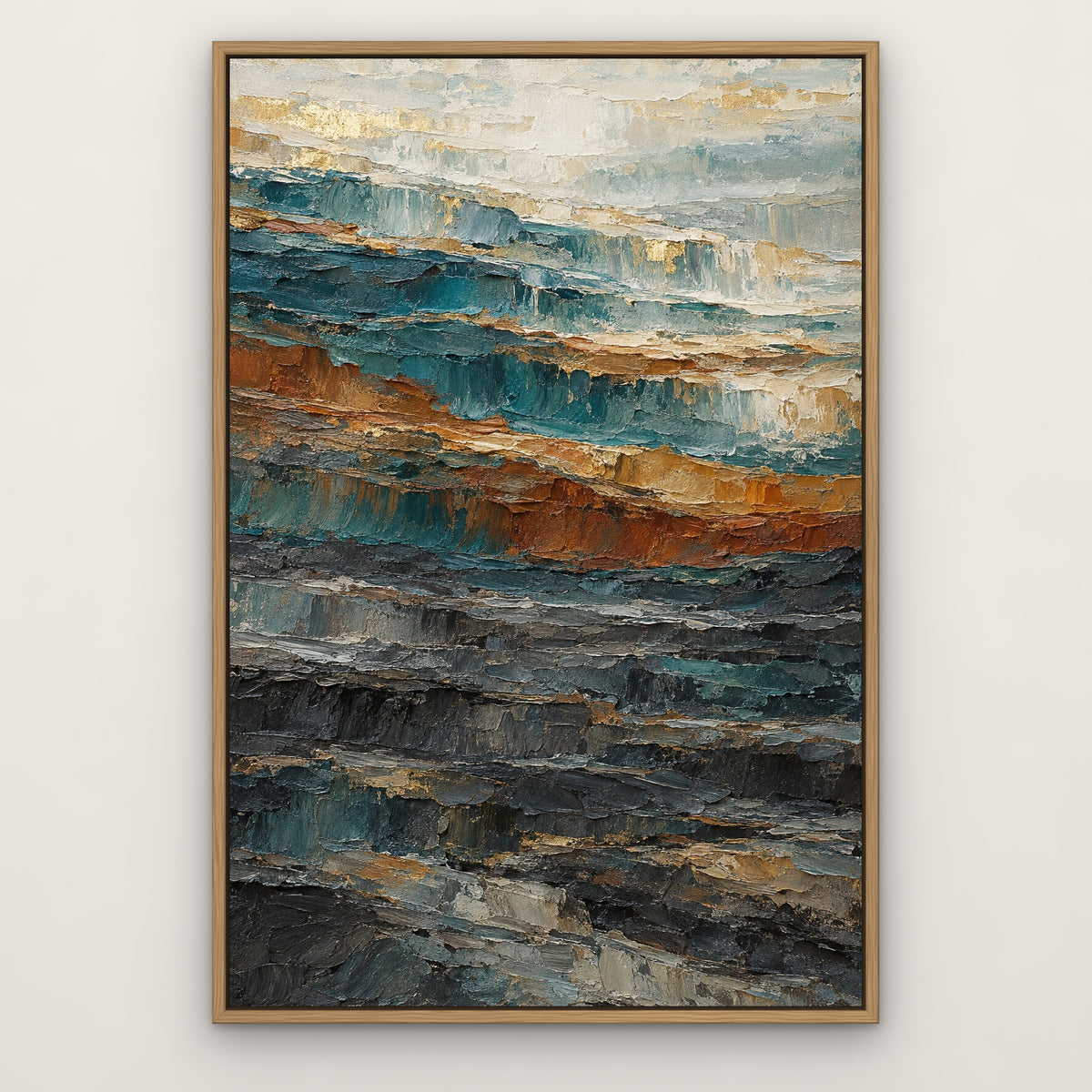 Teal Ochre Cascade, orange abstract hand-painted canvas wall art in a slim oak float frame – Gallery 23