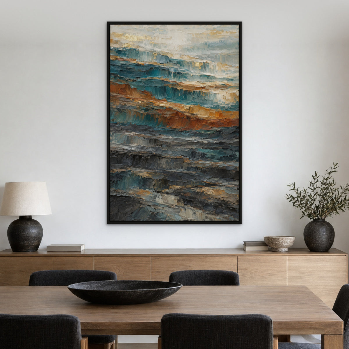 Teal Ochre Cascade, orange abstract hand-painted canvas wall art in a dining room – Gallery 23