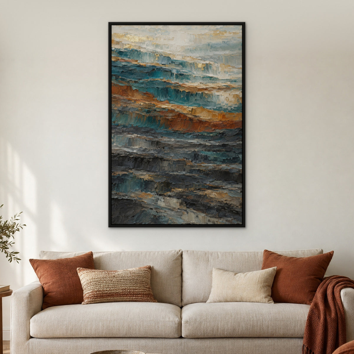 Teal Ochre Cascade, orange abstract hand-painted canvas wall art in a living room – Gallery 23