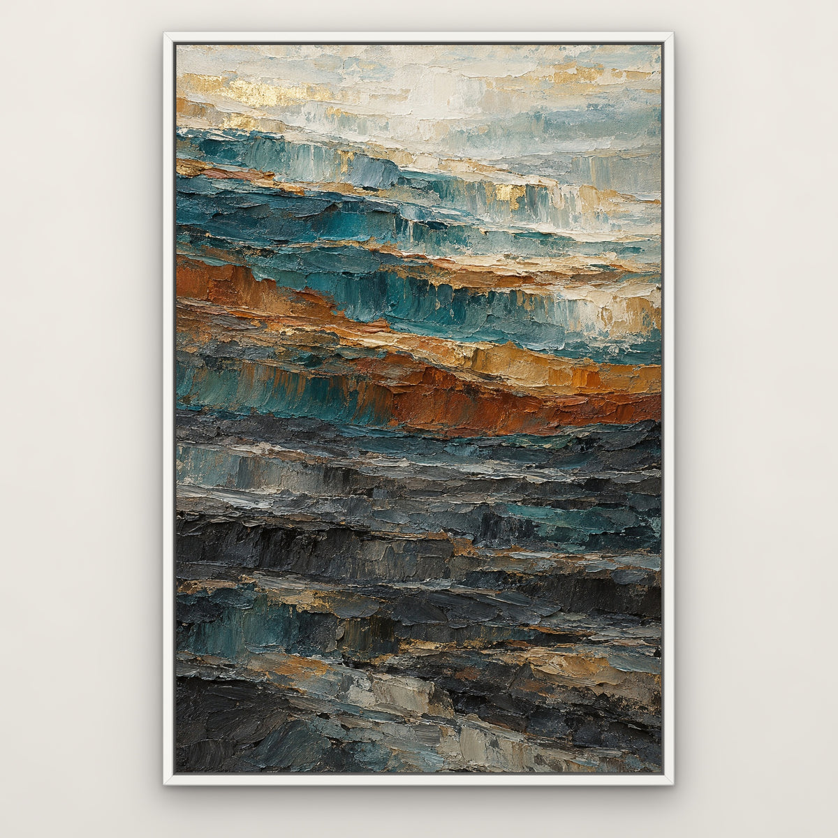 Teal Ochre Cascade, orange abstract hand-painted canvas wall art in a slim white float frame – Gallery 23