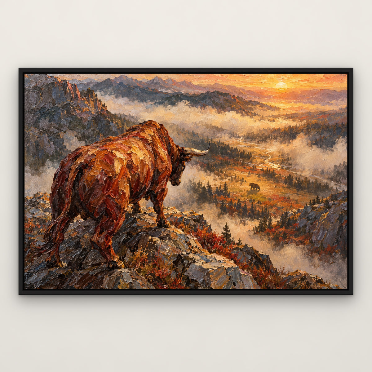 Market Standoff, brown wildlife hand-painted canvas wall art in a slim black float frame – Gallery 23