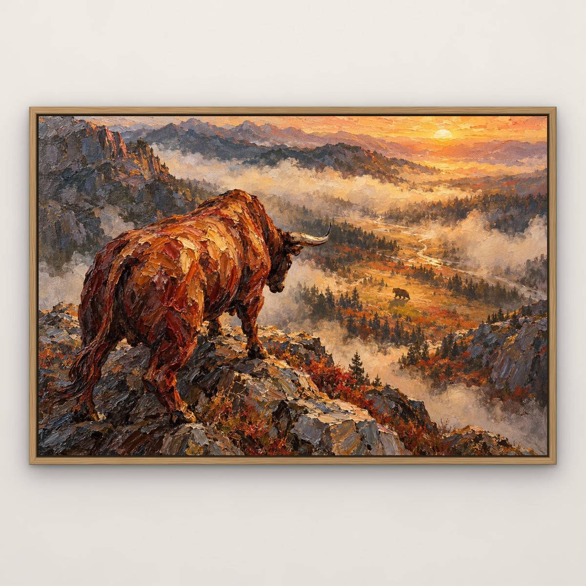Market Standoff, brown wildlife hand-painted canvas wall art in a slim oak float frame – Gallery 23