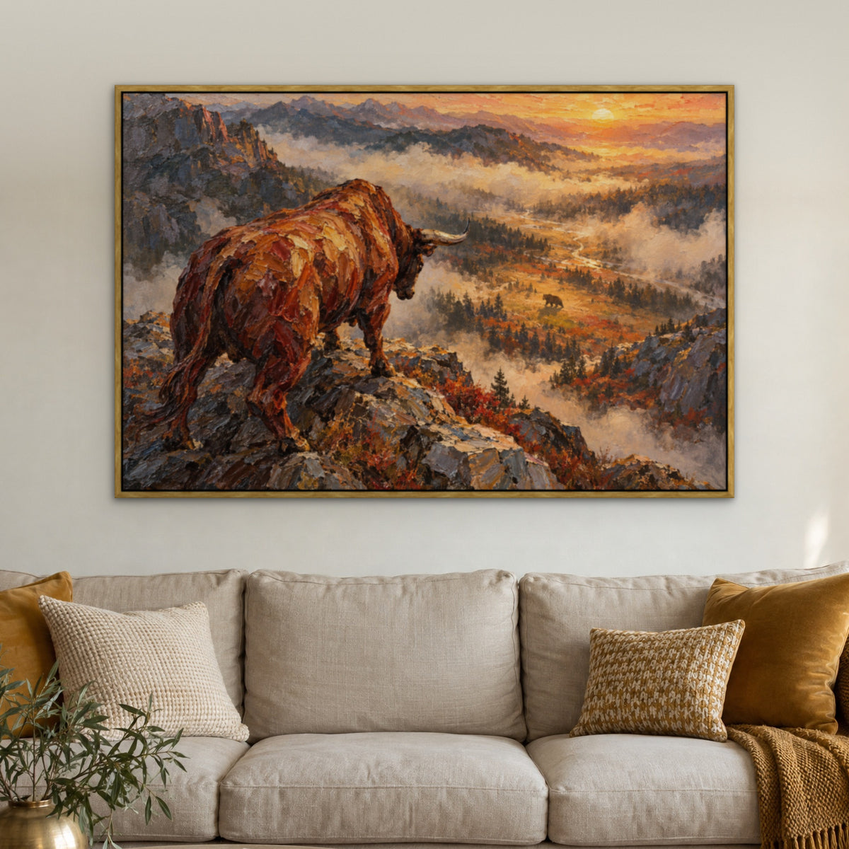 Market Standoff, brown wildlife hand-painted canvas wall art in a living room – Gallery 23