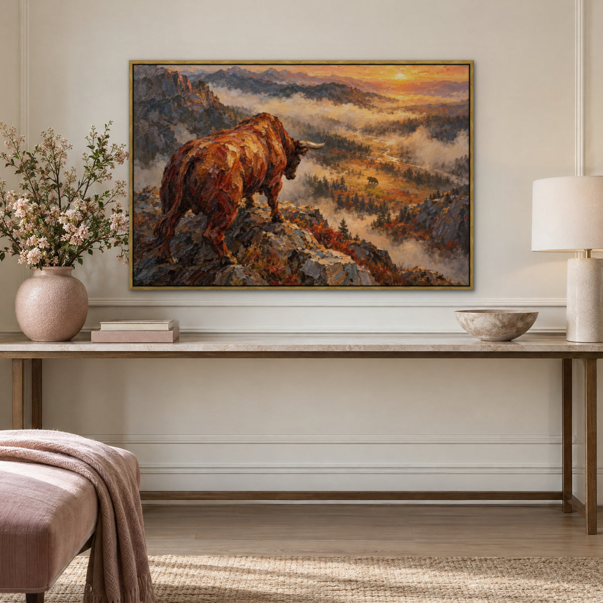 Market Standoff, brown wildlife hand-painted canvas wall art in a hallway – Gallery 23