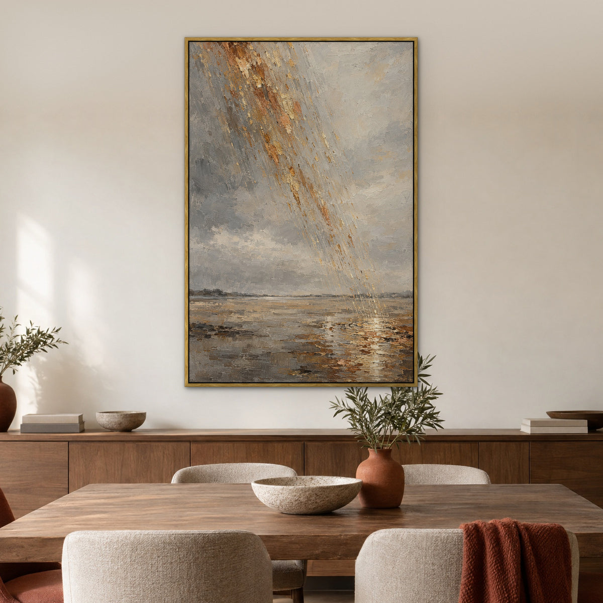Copper Gold Rain, orange abstract hand-painted canvas wall art in a dining room – Gallery 23