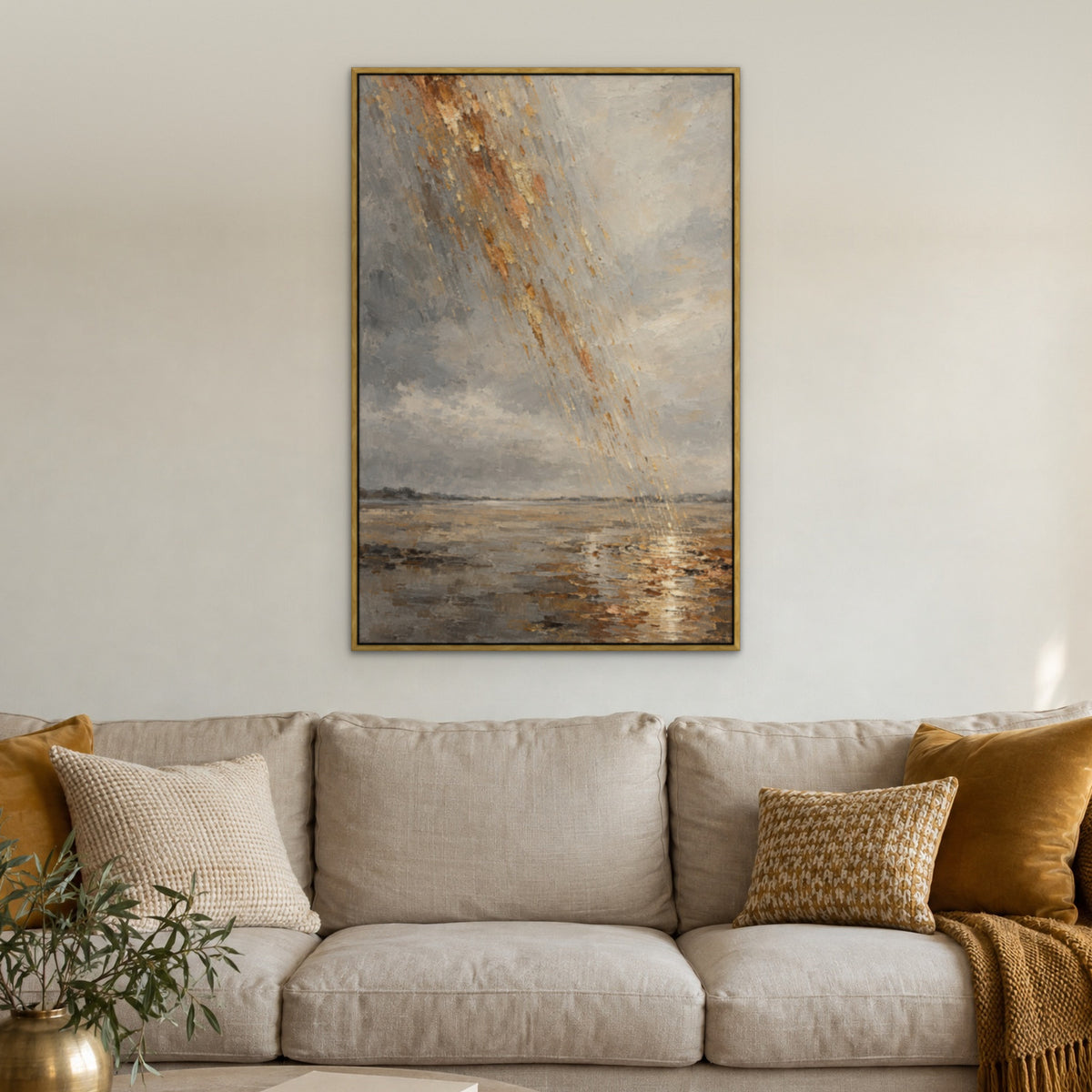 Copper Gold Rain, orange abstract hand-painted canvas wall art in a living room – Gallery 23