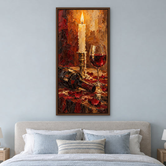 Claret by Candlelight, red still life hand-painted canvas wall art in a bedroom – Gallery 23