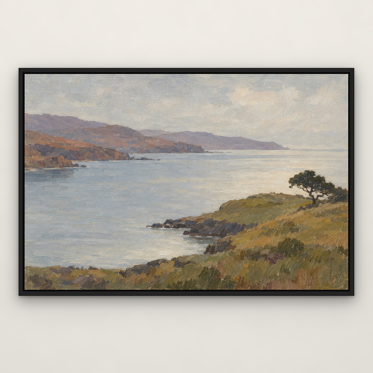 Quiet Headland, brown mountain landscape hand-painted canvas wall art in a slim black float frame – Gallery 23