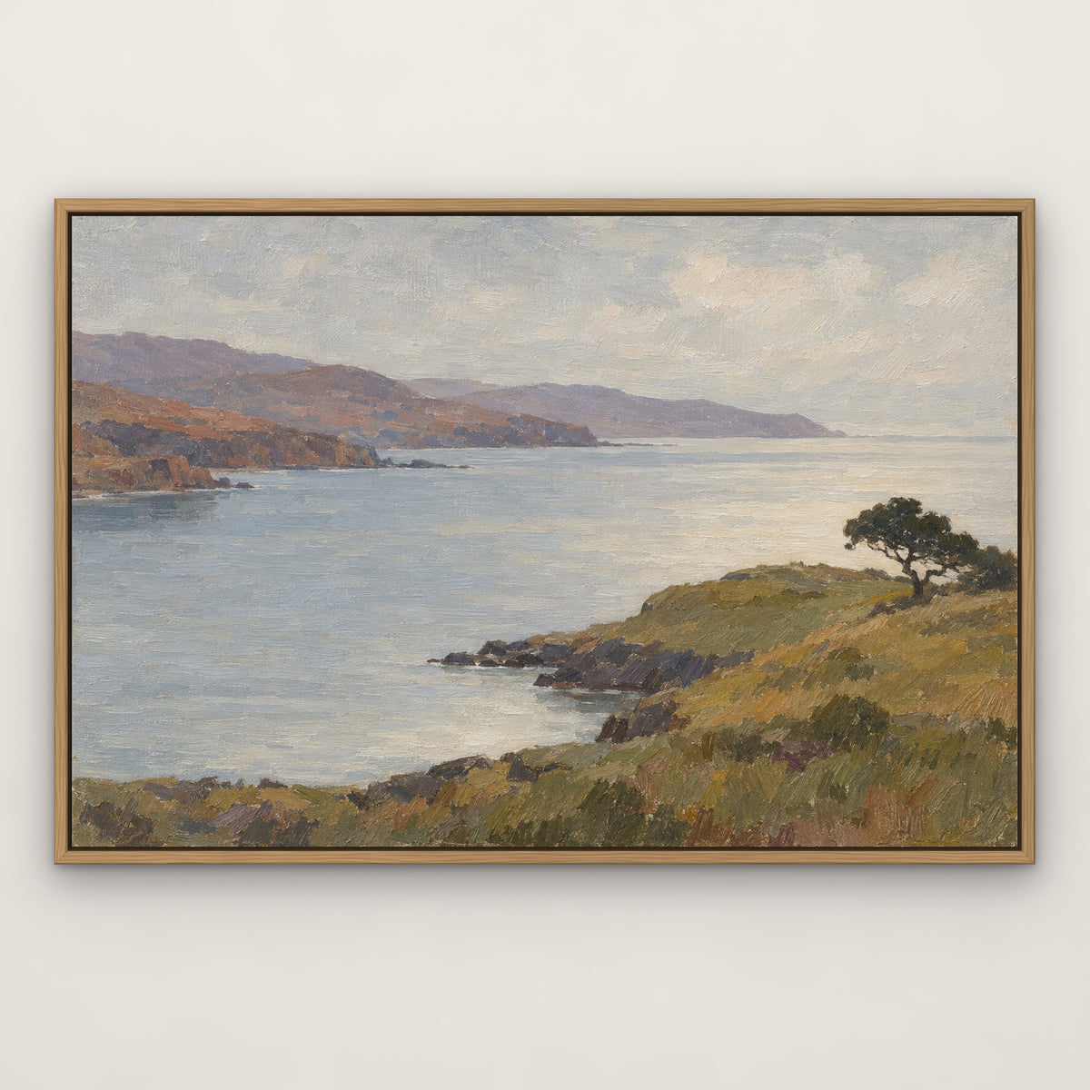 Quiet Headland, brown mountain landscape hand-painted canvas wall art in a slim oak float frame – Gallery 23
