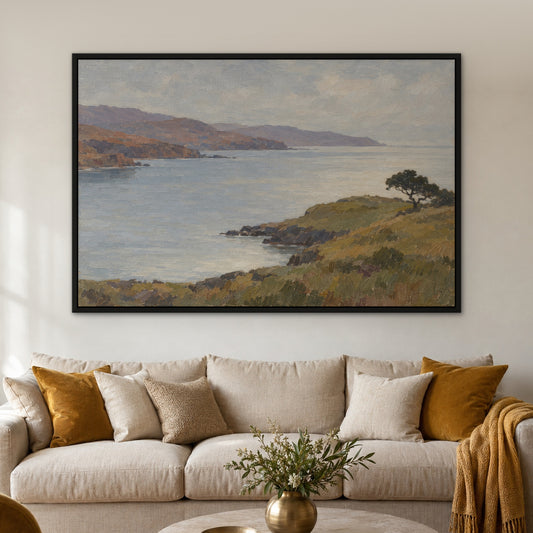Quiet Headland, brown mountain landscape hand-painted canvas wall art in a living room – Gallery 23