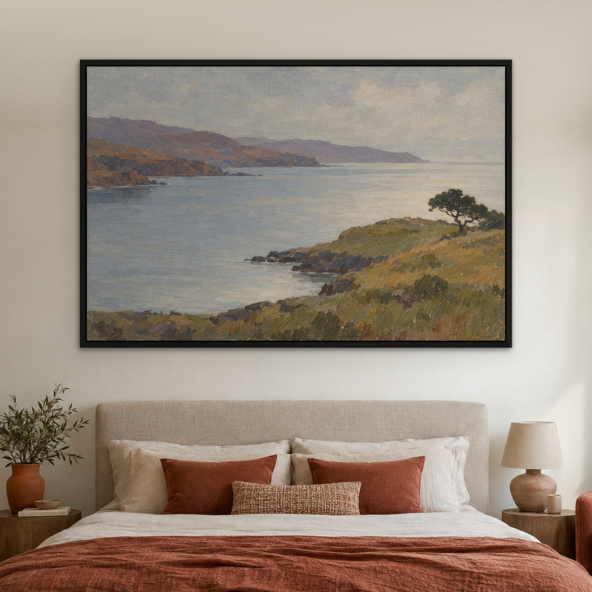 Quiet Headland, brown mountain landscape hand-painted canvas wall art in a bedroom – Gallery 23
