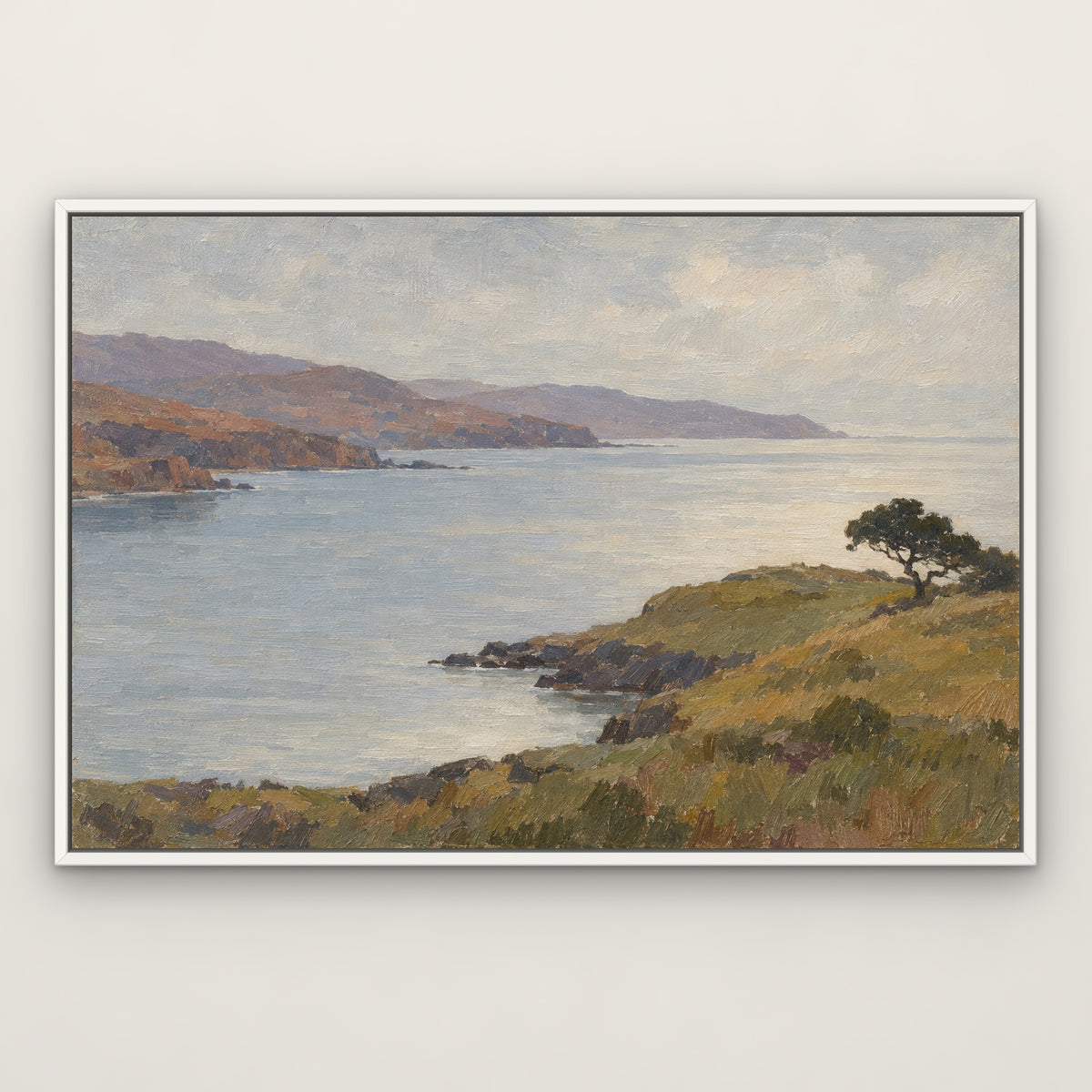 Quiet Headland, brown mountain landscape hand-painted canvas wall art in a slim white float frame – Gallery 23